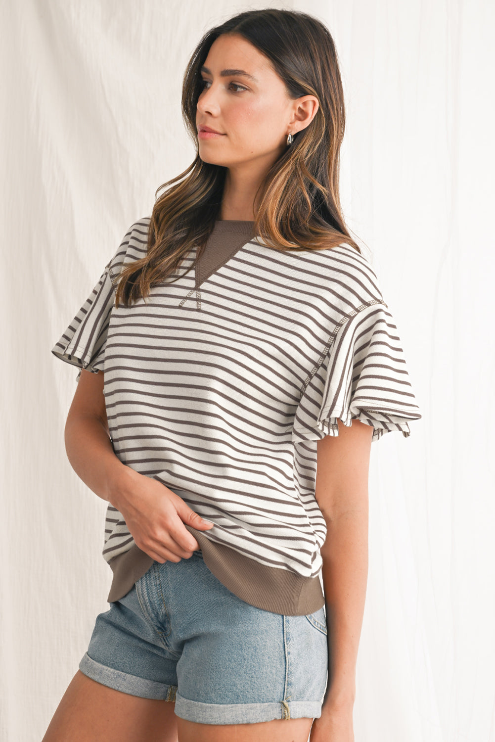 Parchment Striped Ruffle Sleeve Round Neck Top