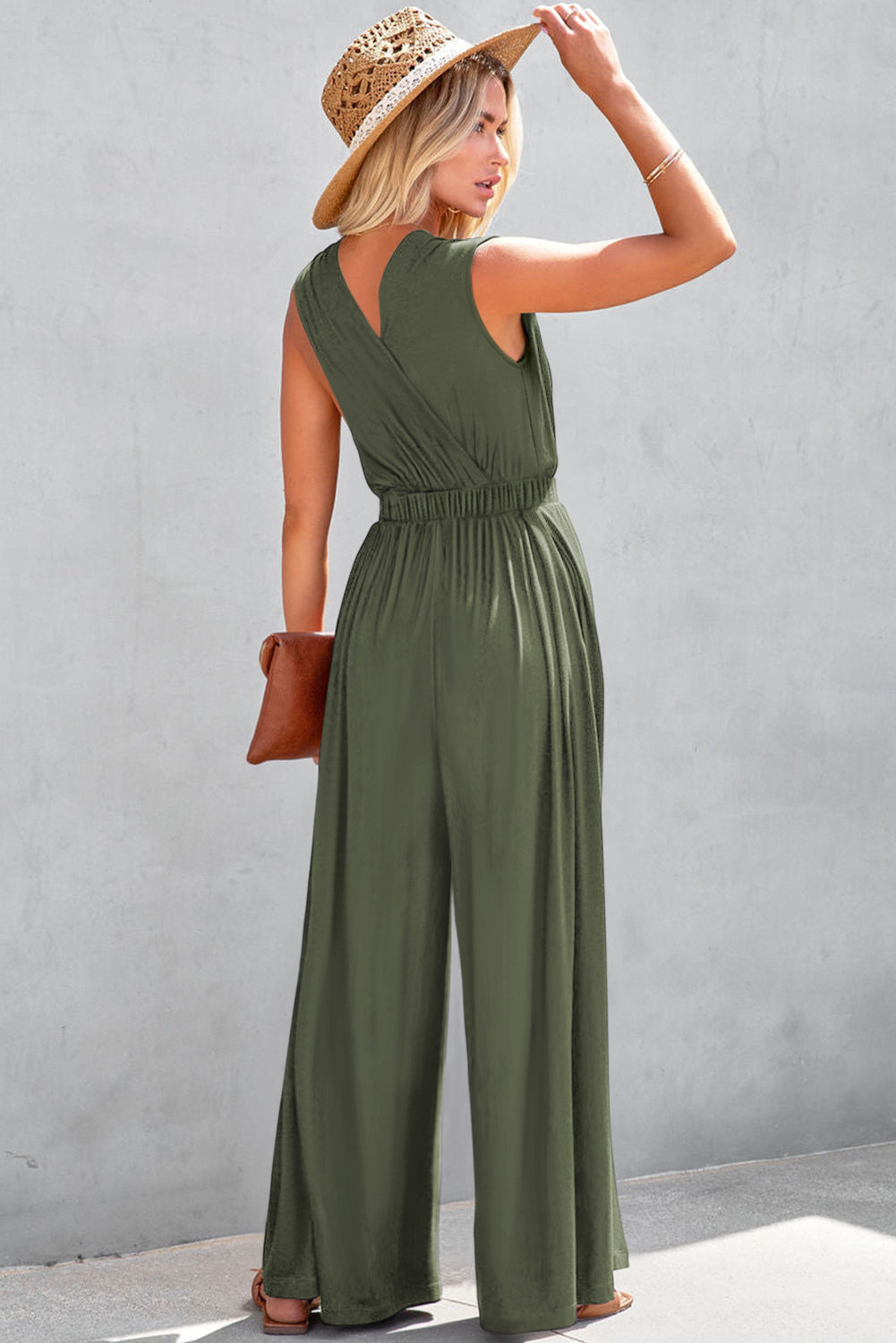 Black Deep V Pocketed Pleated Wide Leg Jumpsuit