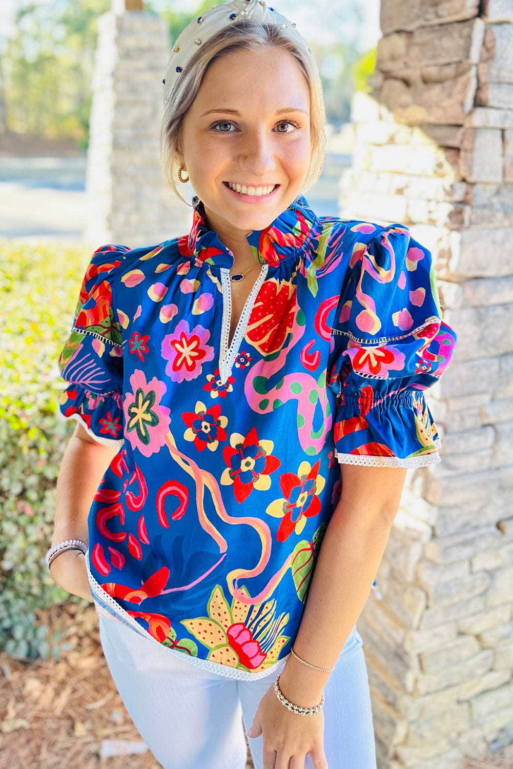 Blue Frill V-neck Abstract Print Blouse