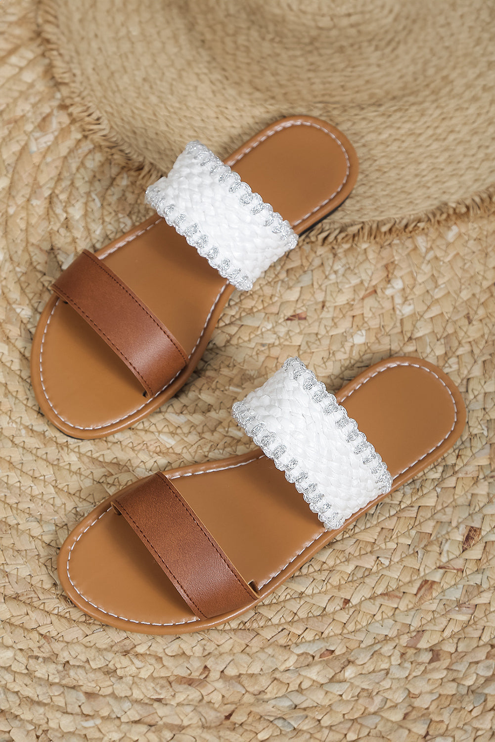 Chestnut Faux Leather Woven Strap Flat Slides Shoes