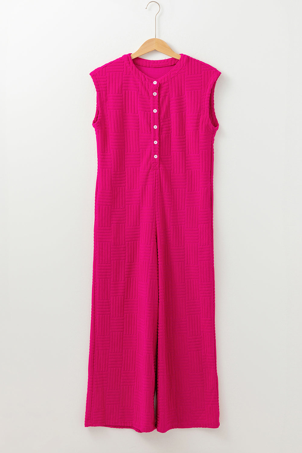 Bright Pink Terry Textured Sleeveless Button Front Wide Leg Jumpsuit