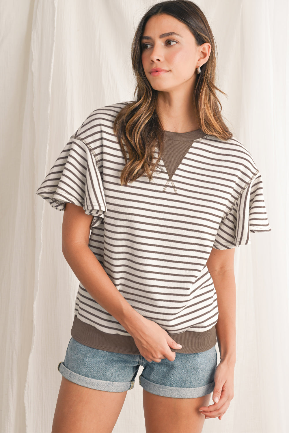 Parchment Striped Ruffle Sleeve Round Neck Top