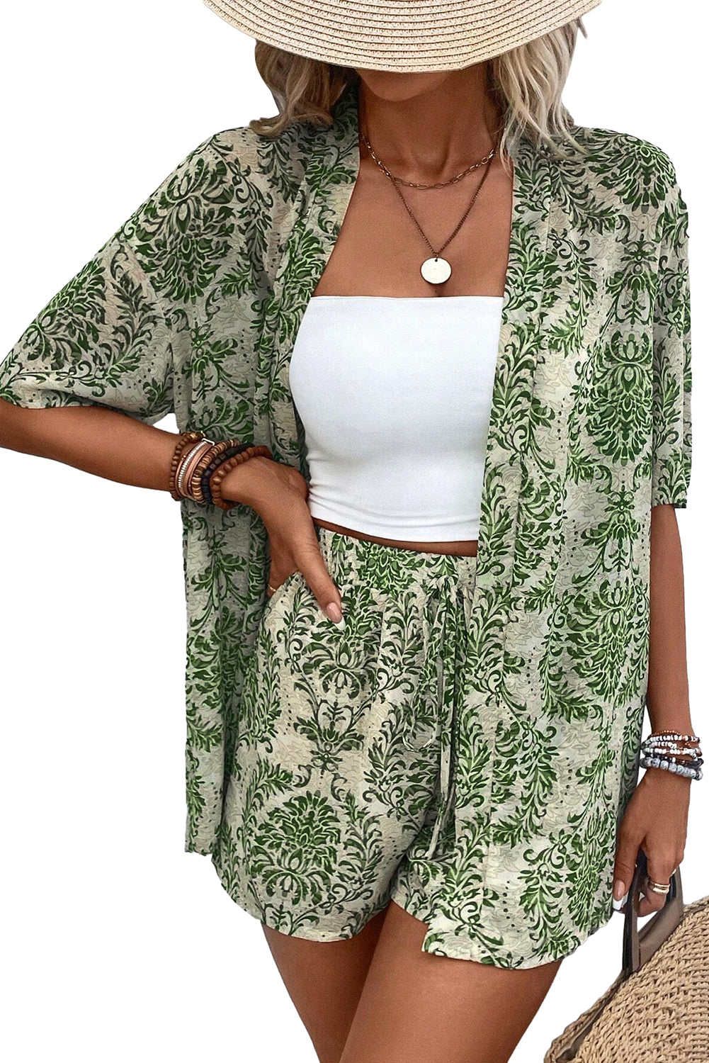 Green Floral Open Front Shirt and Drawstring Shorts Set