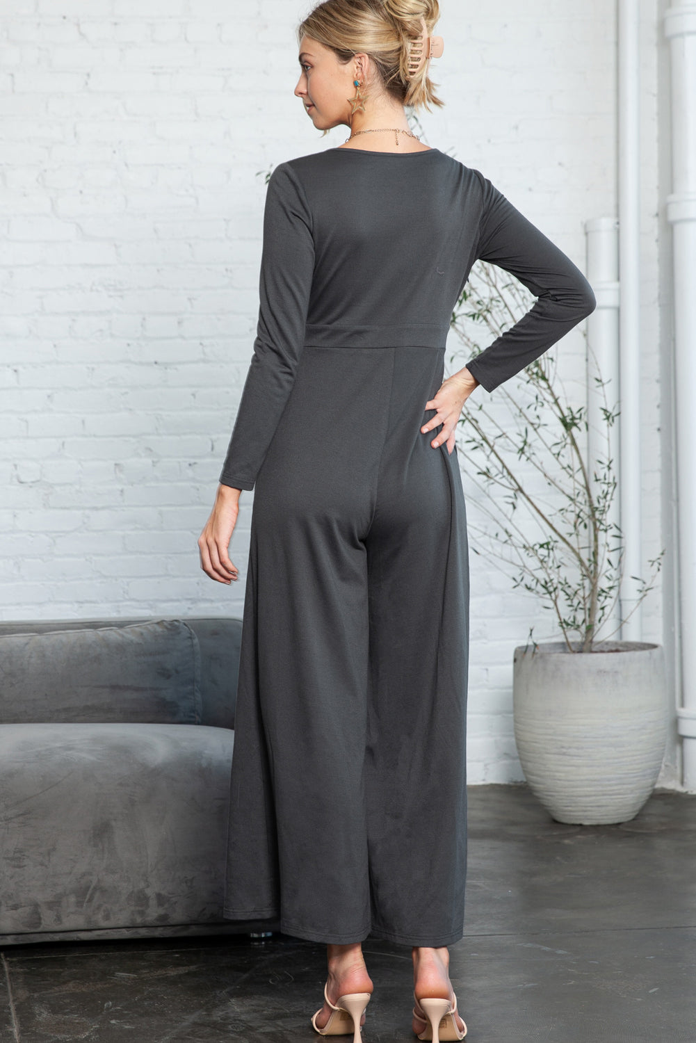 Dark Grey Henley Long Sleeve Wide Leg Jumpsuit with Pockets