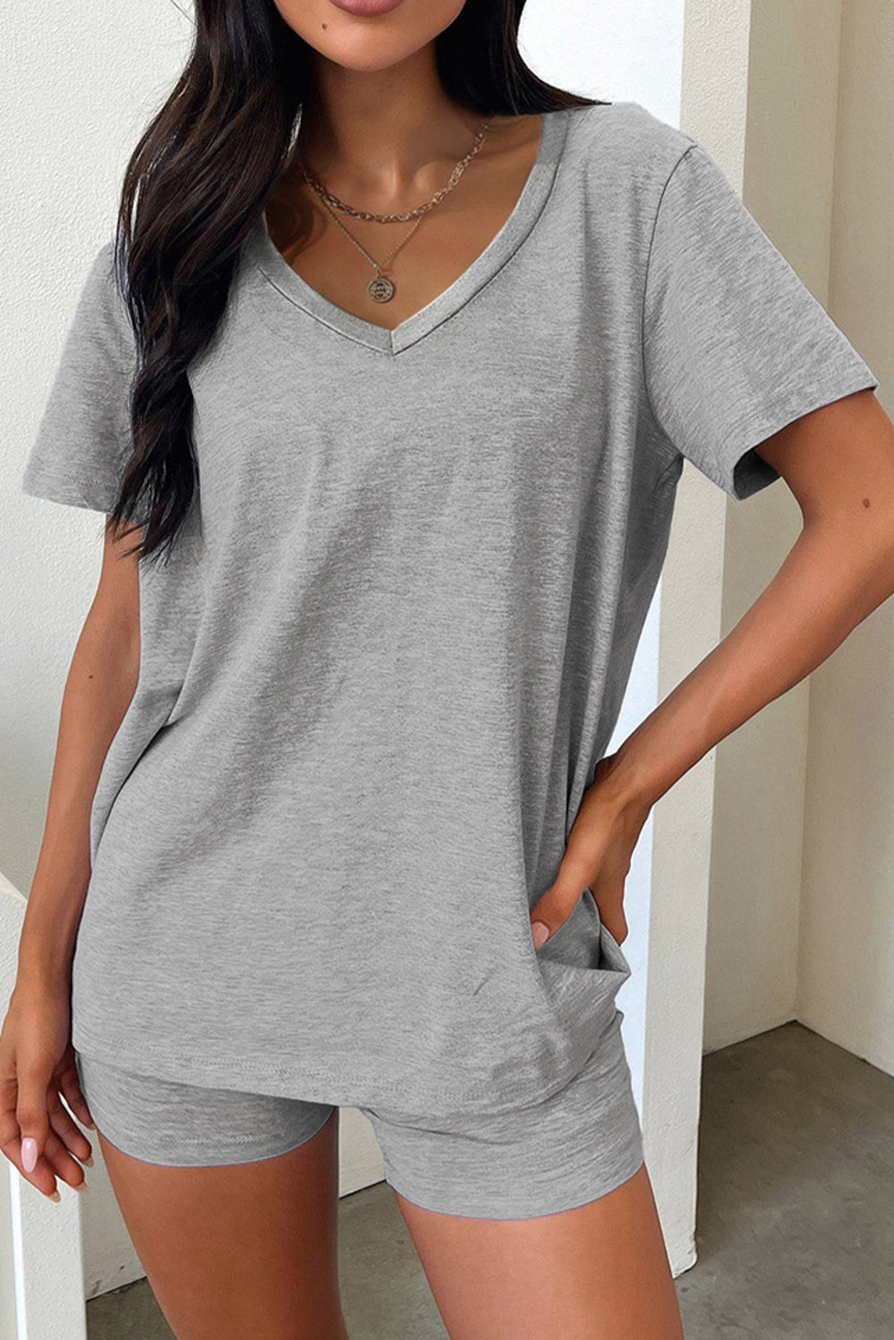 Grey Solid Color V Neck Tee and Shorts Set