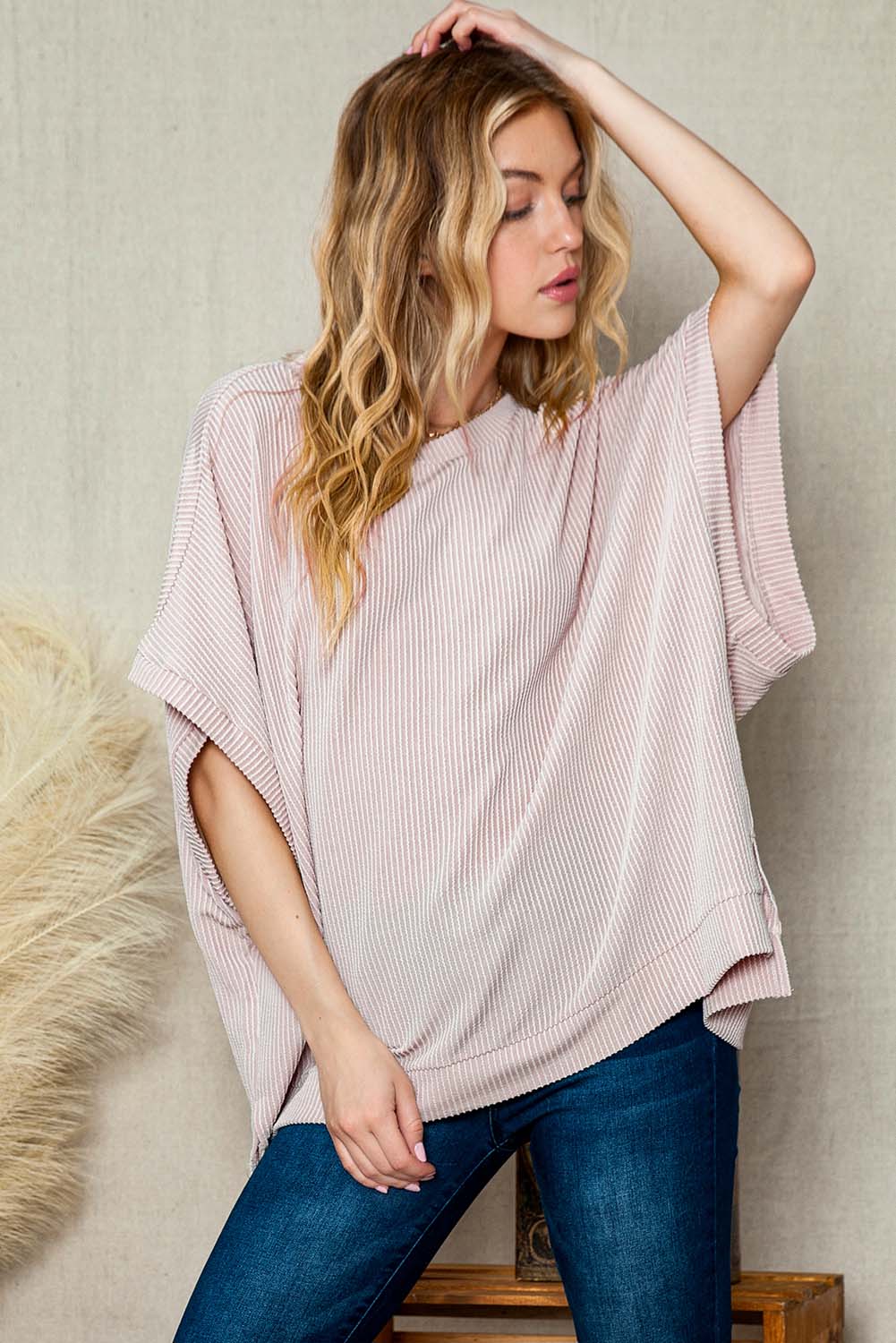 Apricot Plain Ribbed Knit Batwing Sleeve Tunic Oversized T Shirt