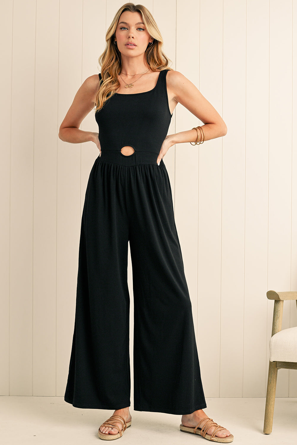 Black Solid Color Cutout Wide Leg Jumpsuit