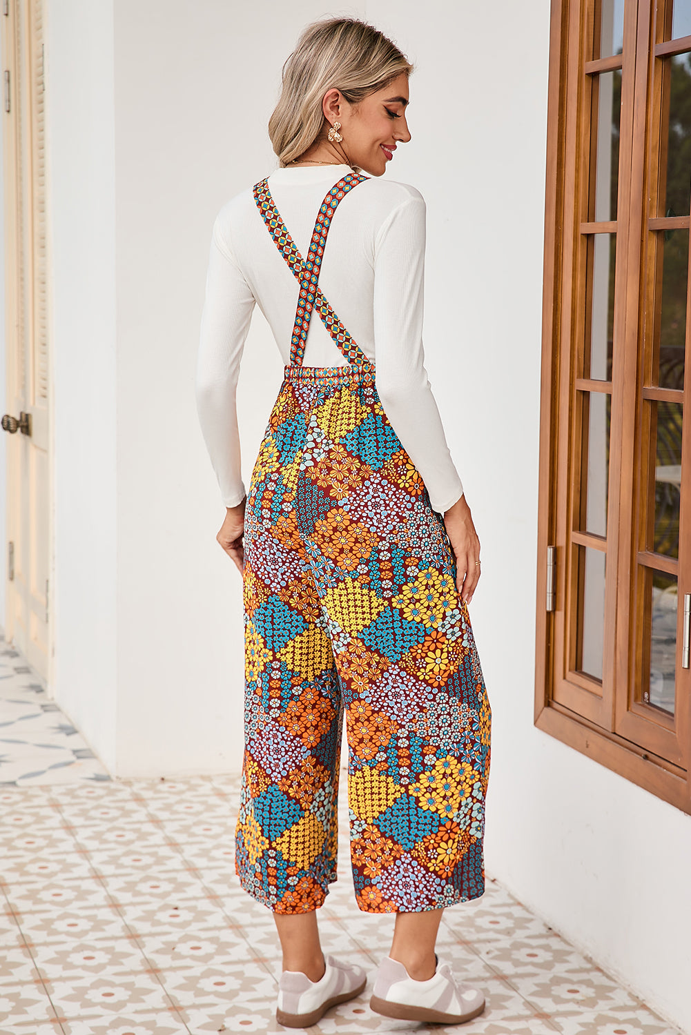 Multicolour Boho Floral Print Cropped Wide Leg Overalls