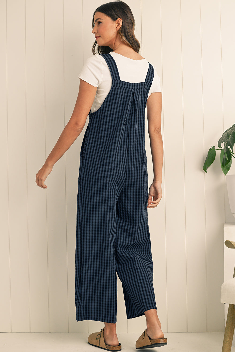 Sail Blue Plaid Print Buttoned Pocket High Waist Overall