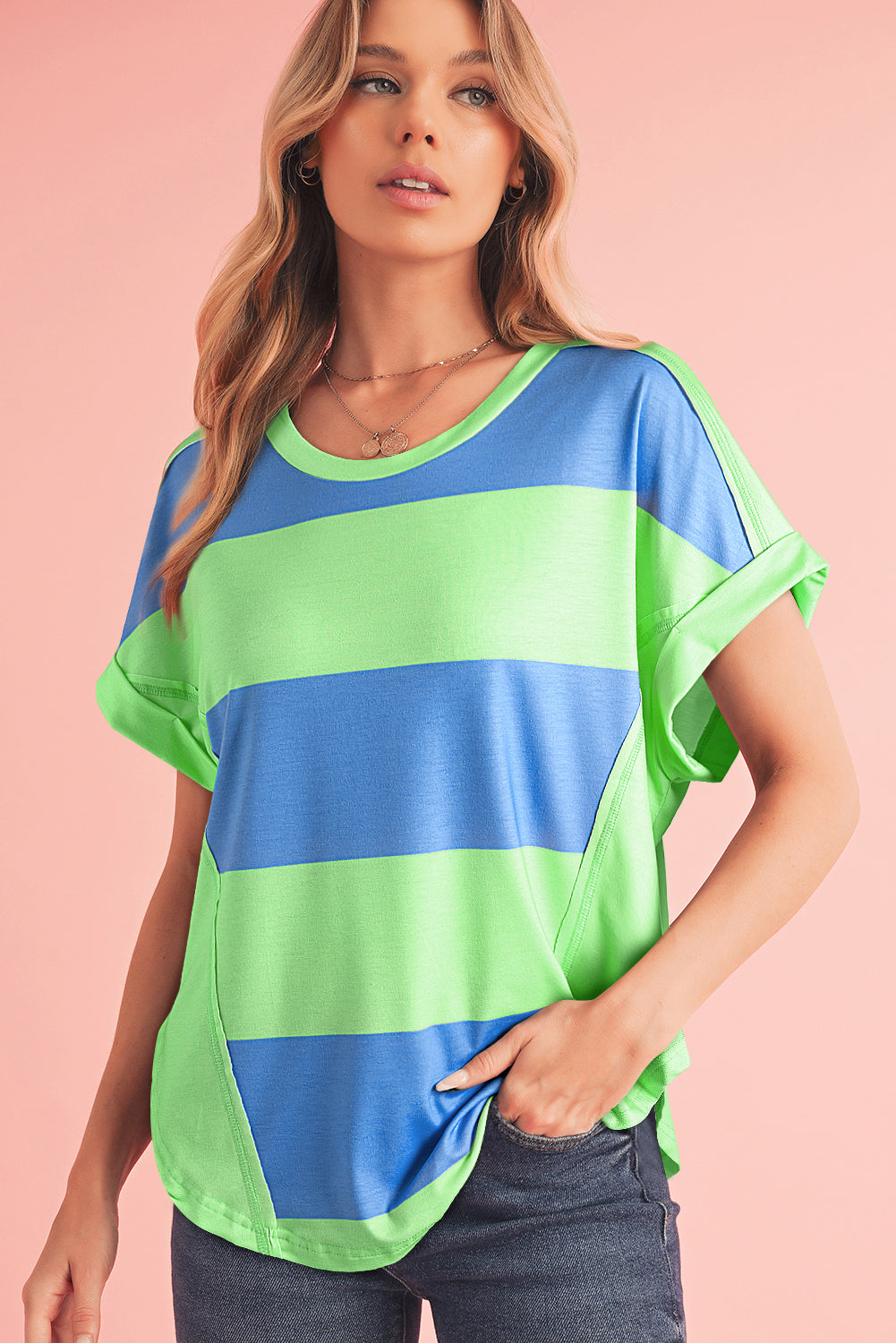 Green & Rosy Colorblock Exposed Seam Tee