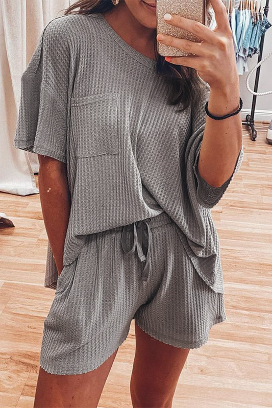 Gray Solid Color Waffle Knit T Shirt and Shorts Set