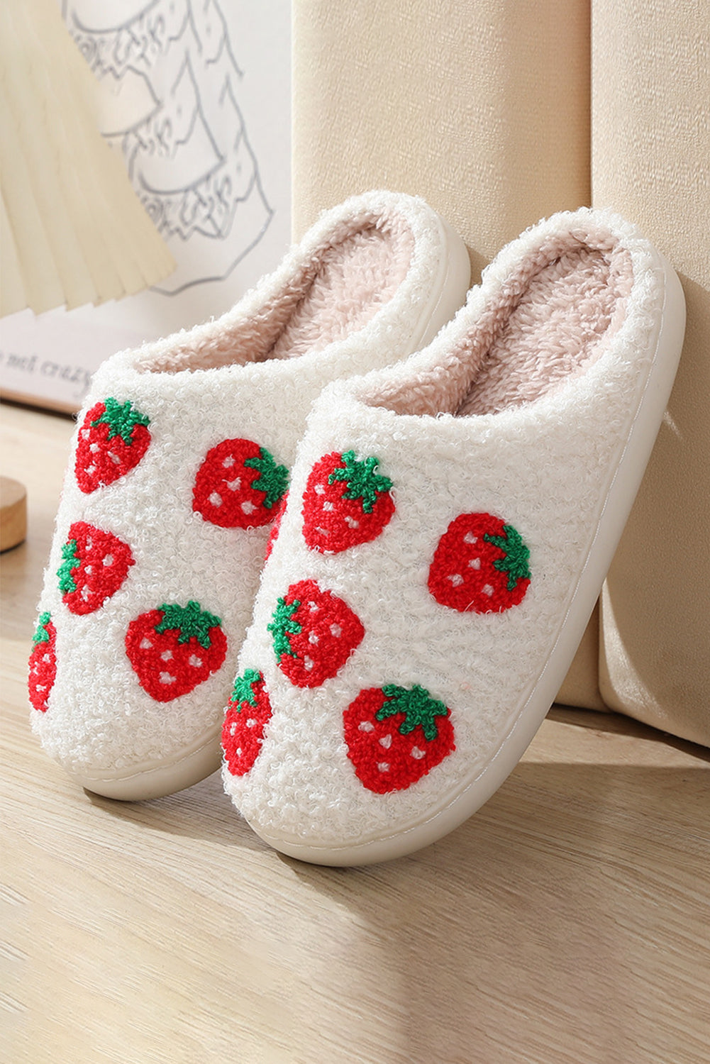 Bright White Cute Fuzzy Strawberry Pattern Winter Slippers