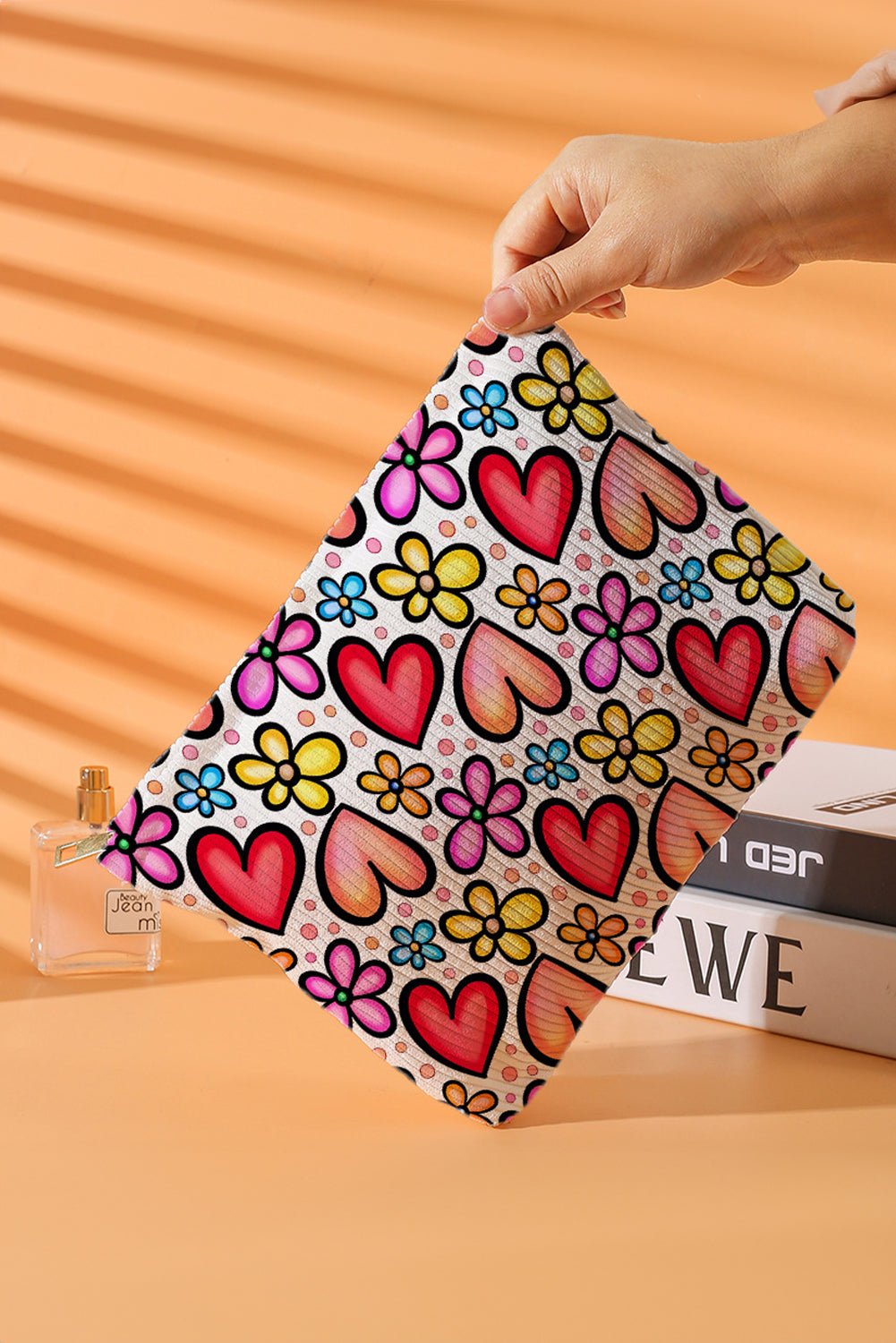 Fiery Red Flower Heart Print Corduroy Makeup Bag