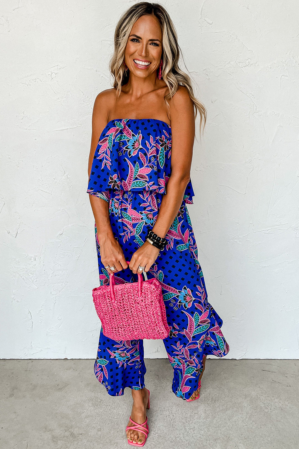 Blue Boho Tropical Print Ruffle Overlay Strapless Flared Jumpsuit