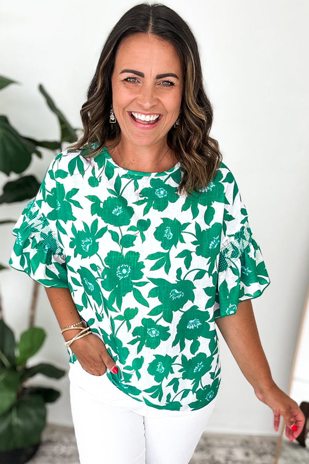 Green Floral Print Ruffle Short Sleeve Loose Blouse