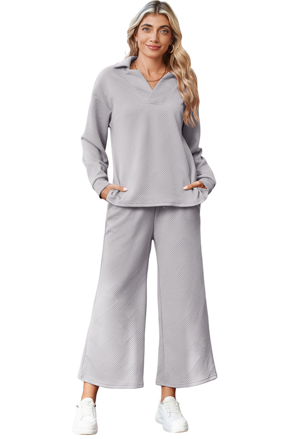 Sail Blue Solid Textured Collared V Neck Top and Wide Leg Pants Set