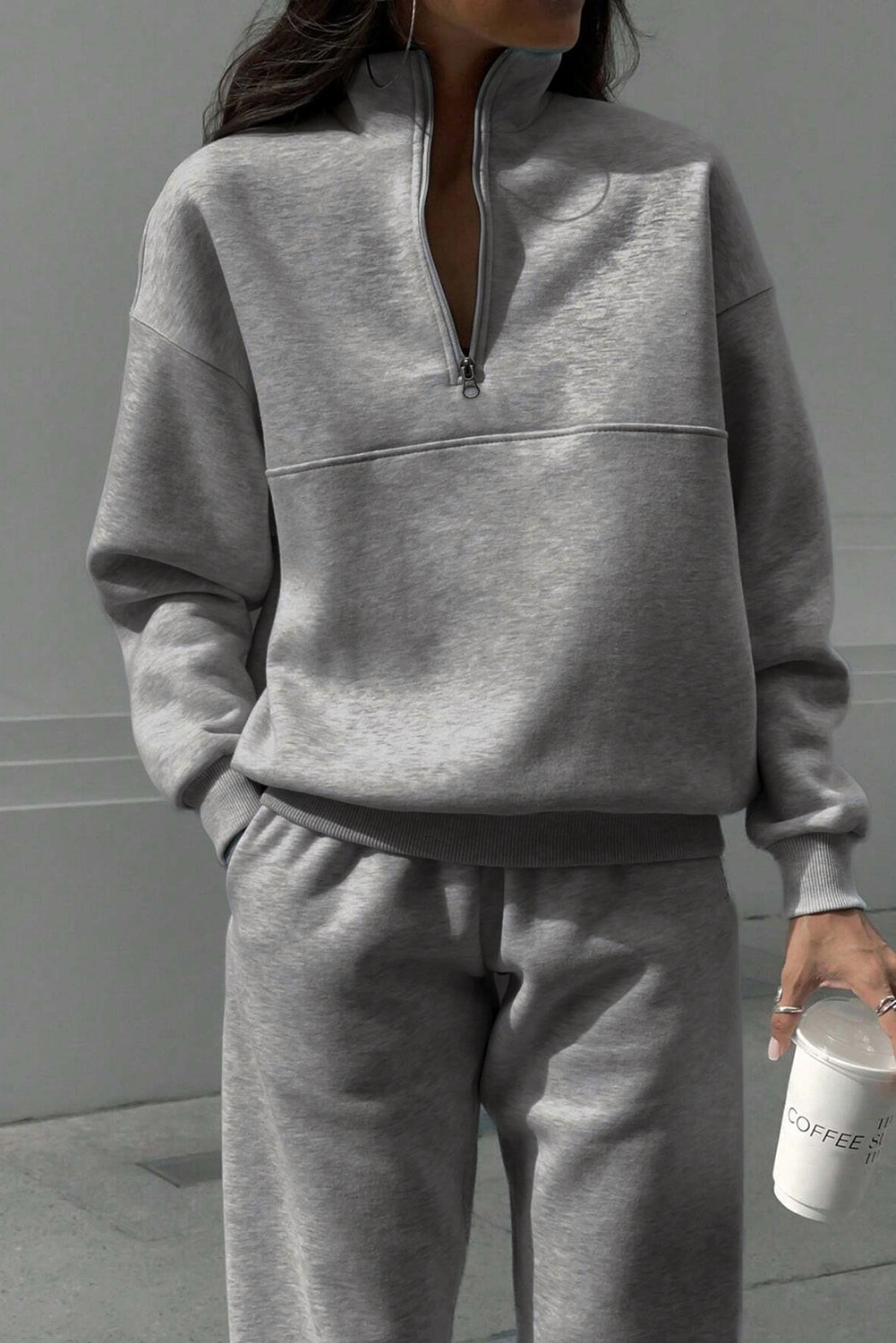 Light Grey Half Zip Drop Shoulder Sweatshirt And Sweatpants Two Piece Set