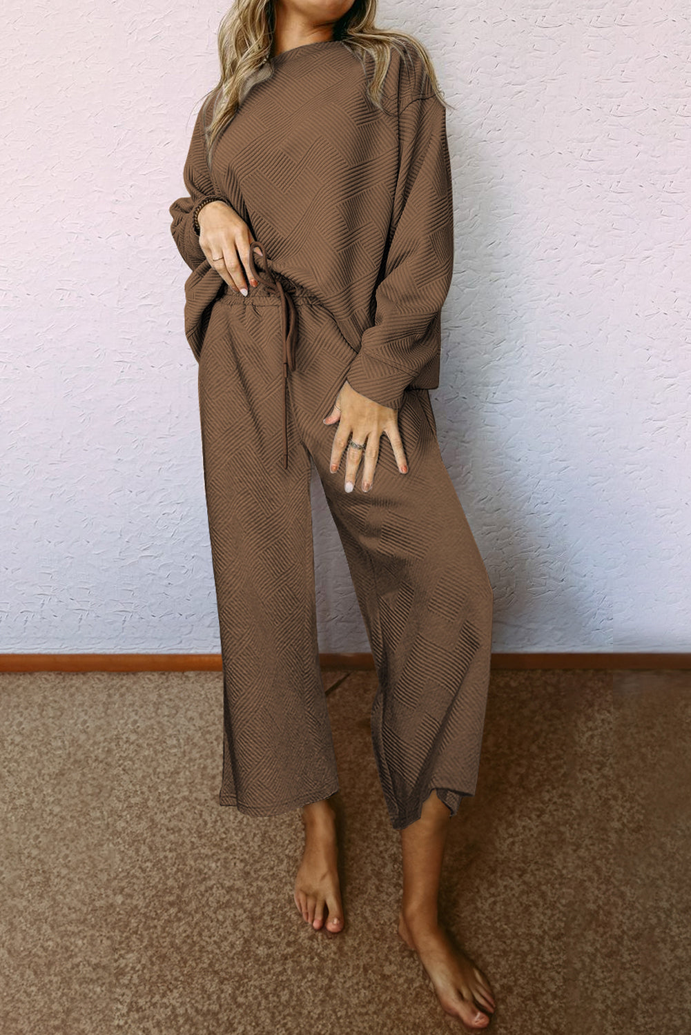 Grass Green Textured Loose Slouchy Long Sleeve Top and Pants Set