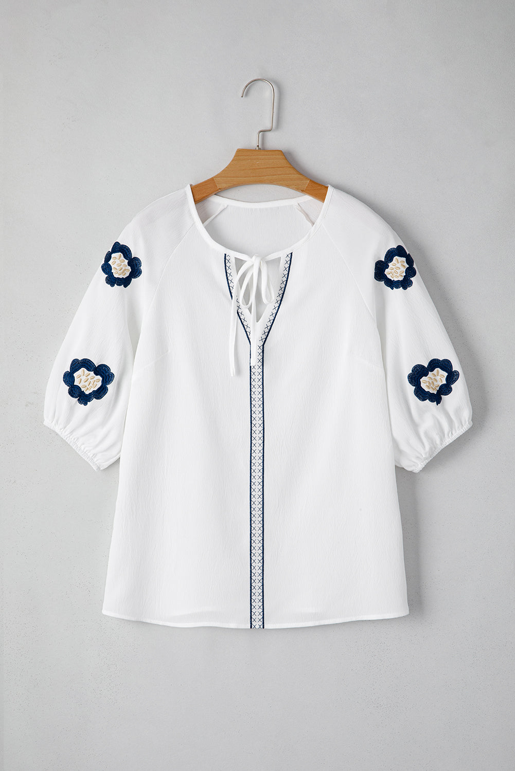 Navy Blue Embroidered Flower V Neck Elegant Half Sleeve Blouse