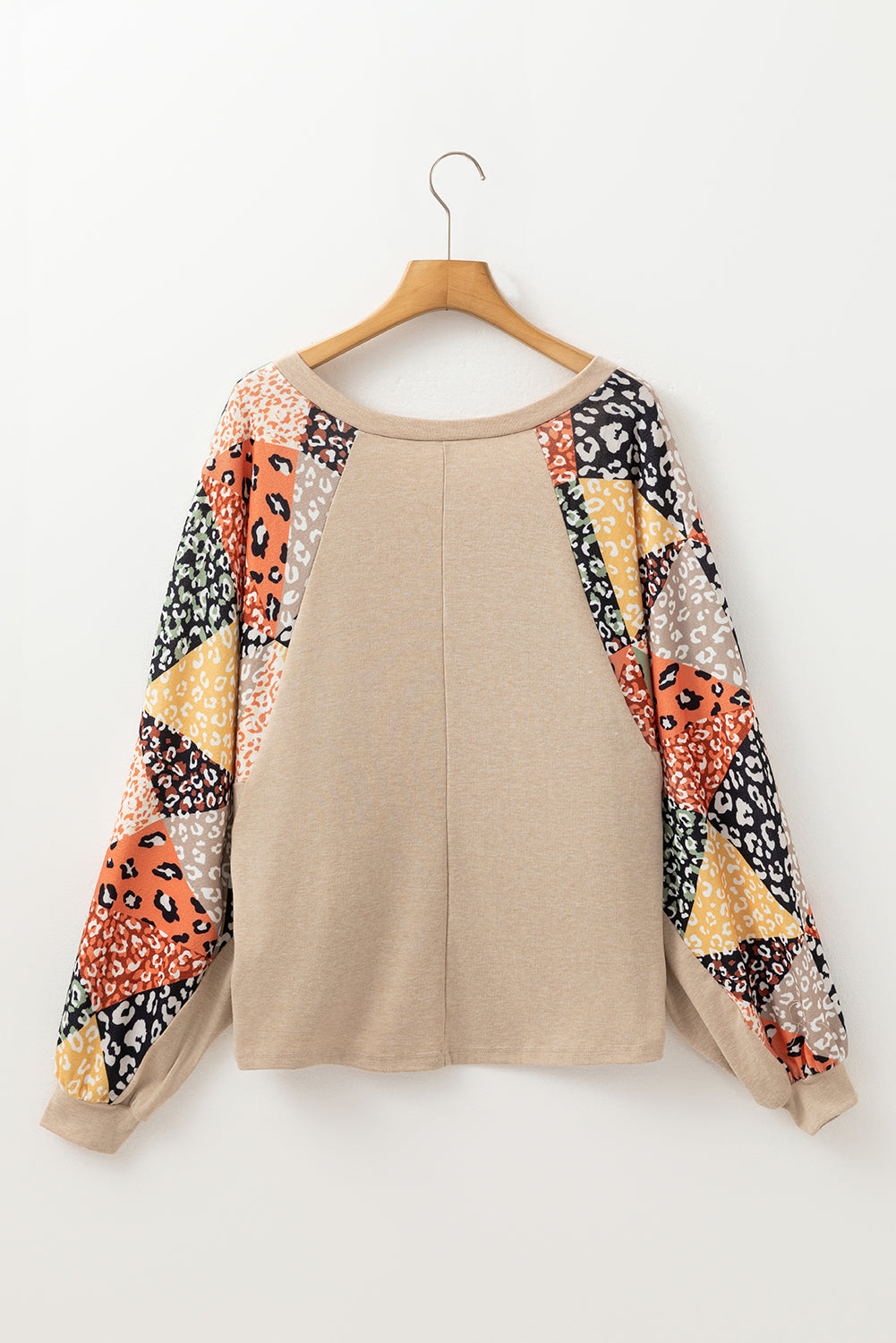 Parchment Leopard Patchwork Lantern Sleeve V Neck Loose Top