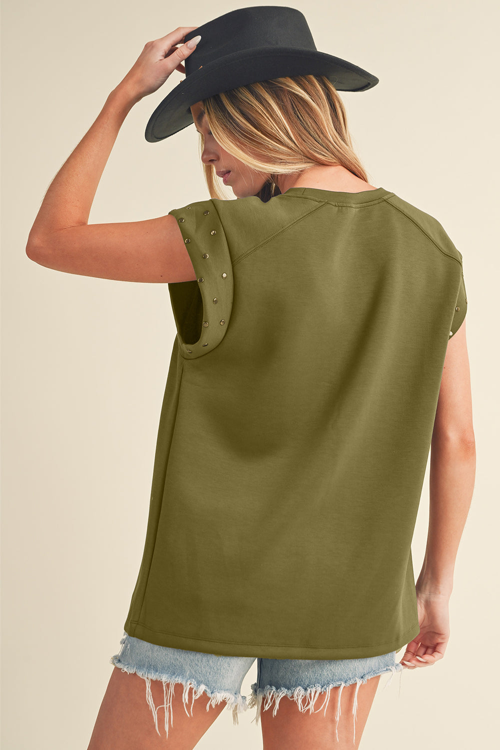 Guacamole Green Casual Rivet Round Neck T Shirt