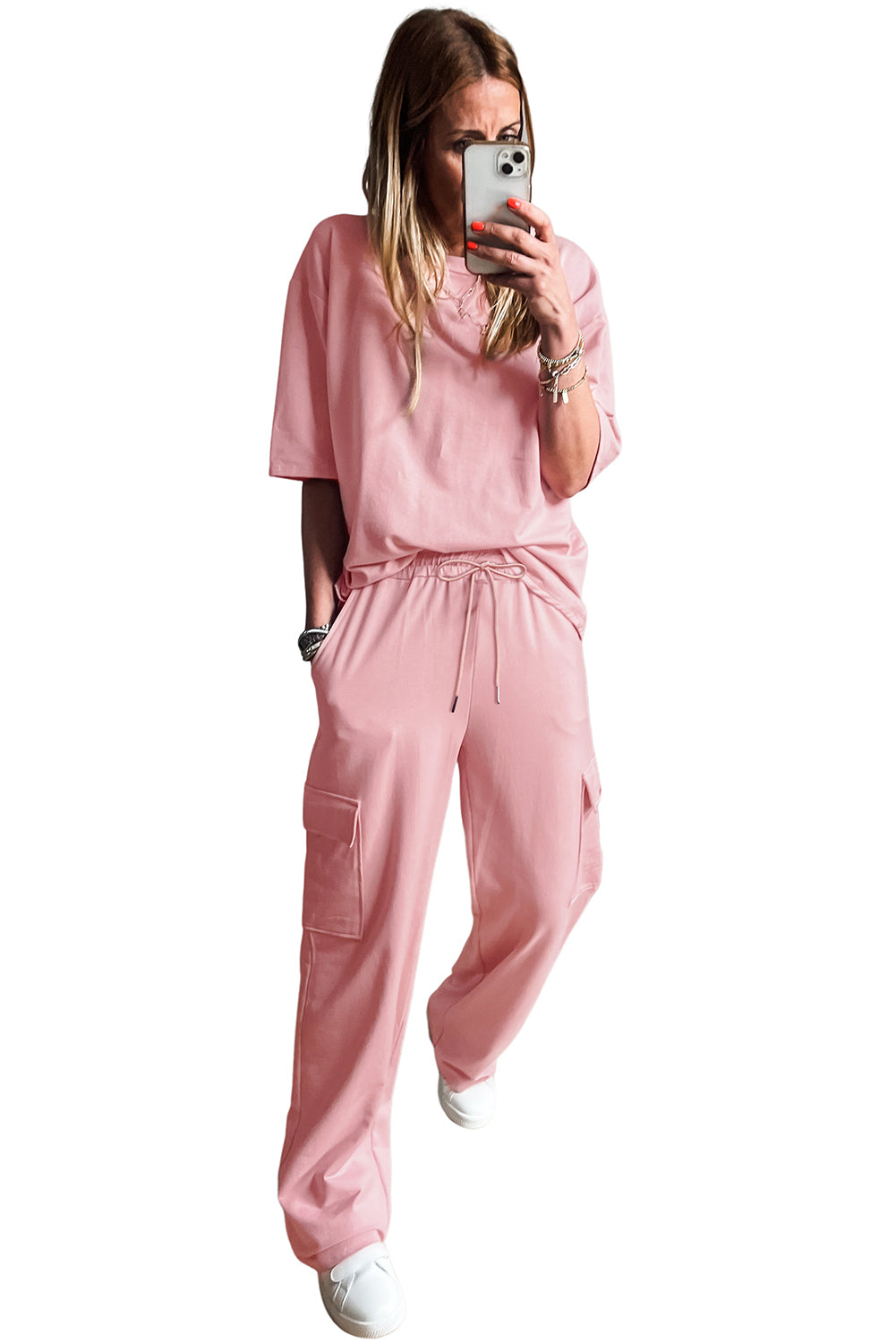 Apricot Pink Half Sleeve T-Shirt & Cargo Sweatpants Set