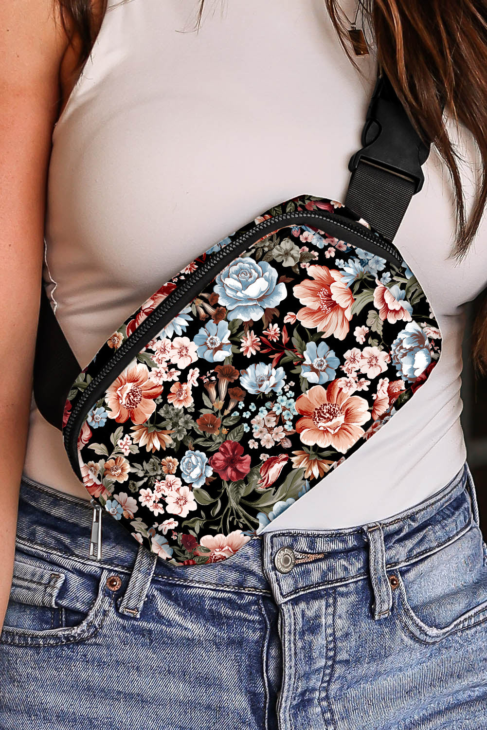 Black Floral Zipper Crossbody Bag