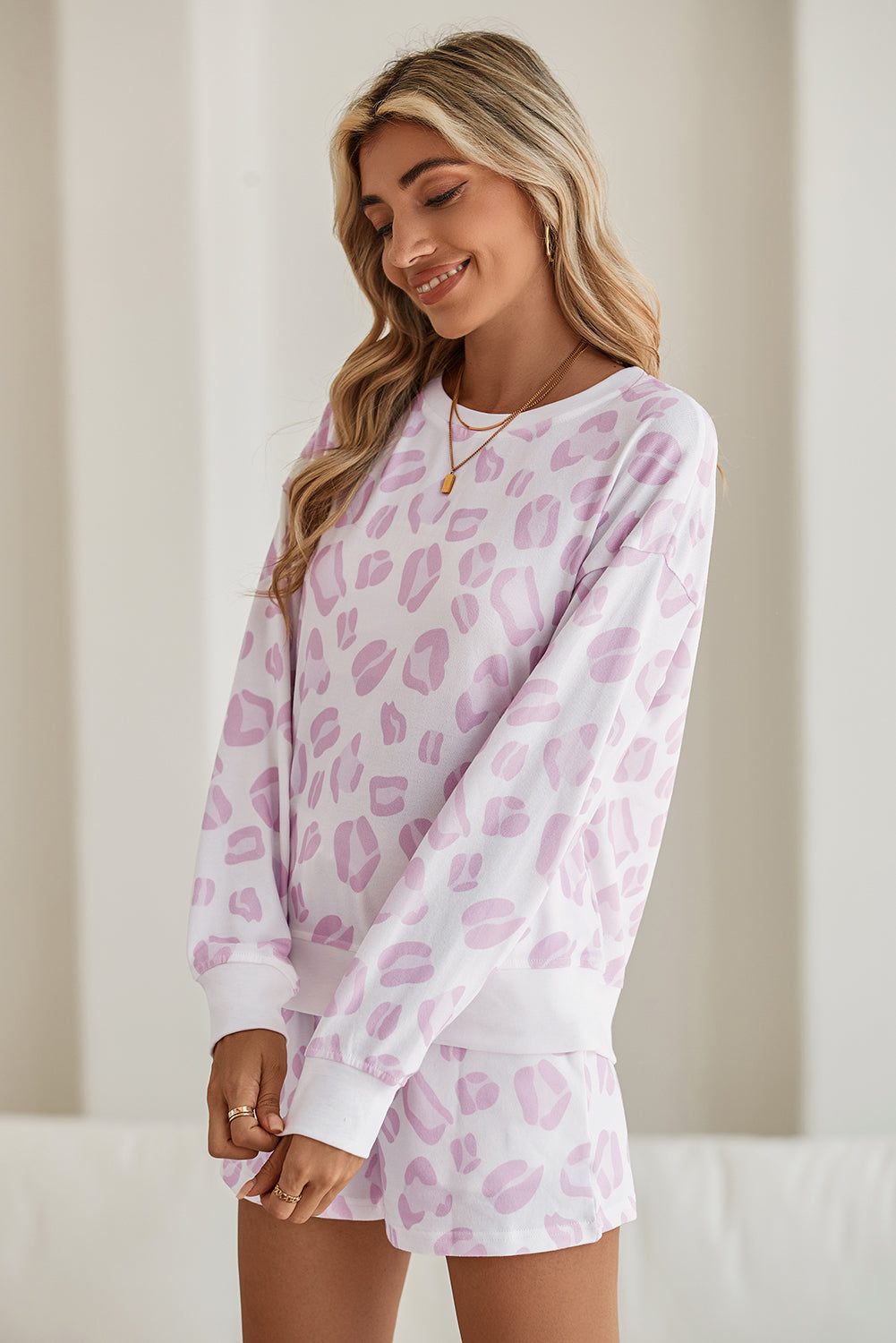 Pink Leopard Print Pullover and Shorts Pajama Set