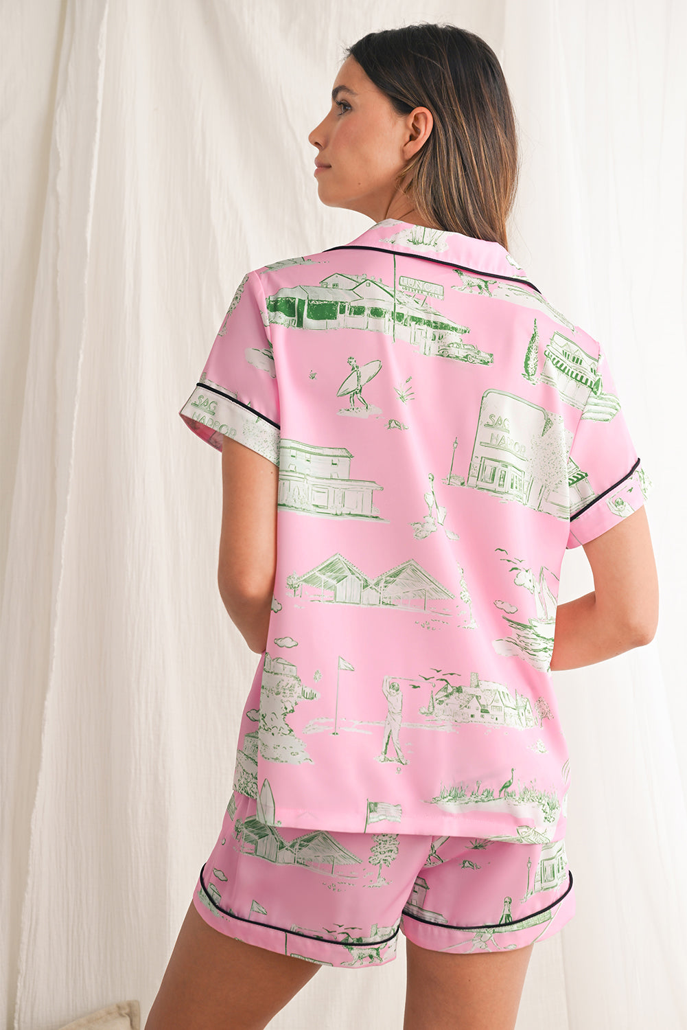 Pink Piping Detail Drawstring Shorts Pajama Set