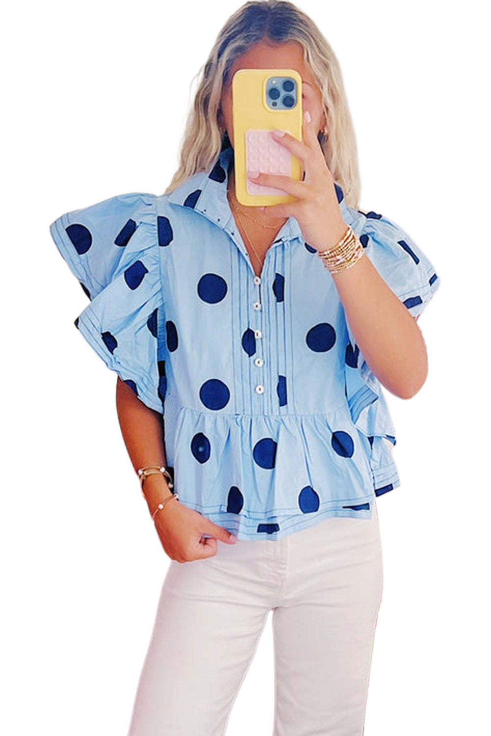 Sky Blue Polka Dot Print Ruffled Short Sleeve Buttoned Collared Blouse