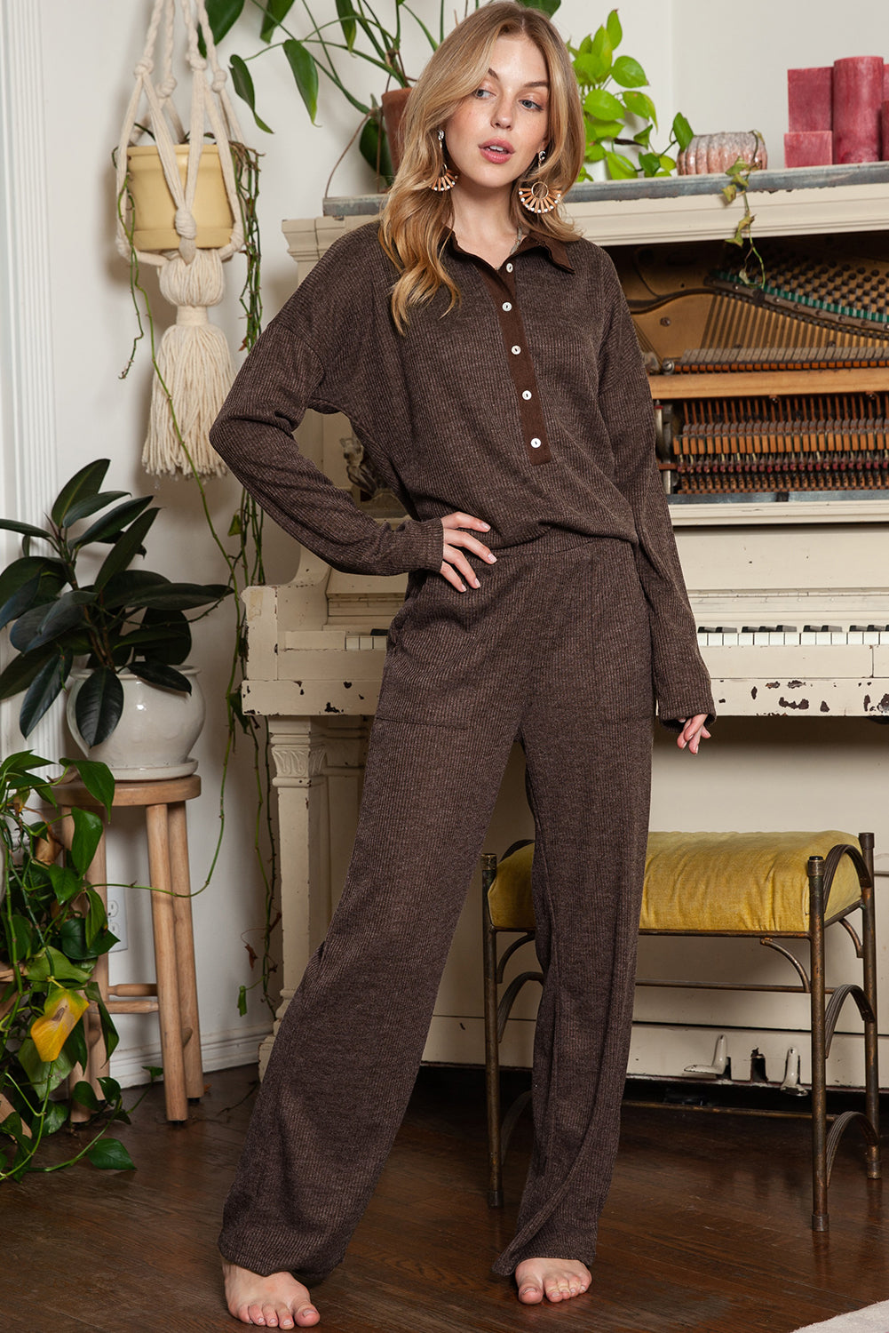 Brown Ribbed Henley Shirt and Wide Leg Pants Loungewear Set