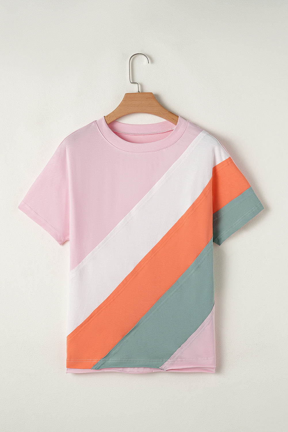 Pink Color Block Patchwork Seamed Crewneck T Shirt