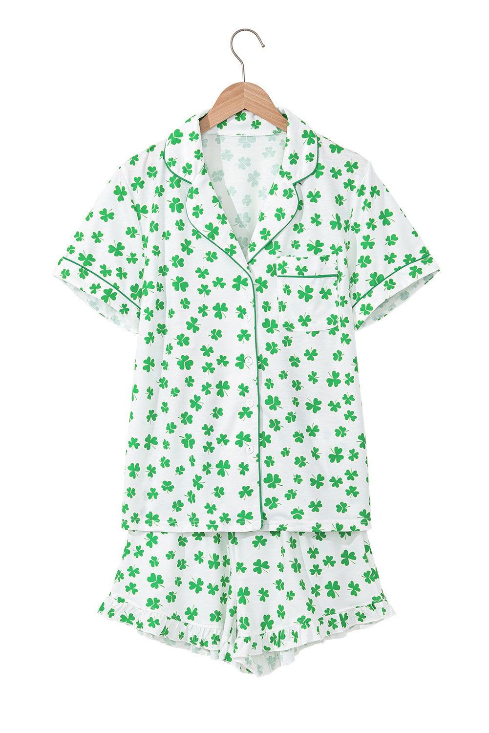 Green St Patricks Day Clover Print Shirt and Ruffle Hem Shorts Pajama Set