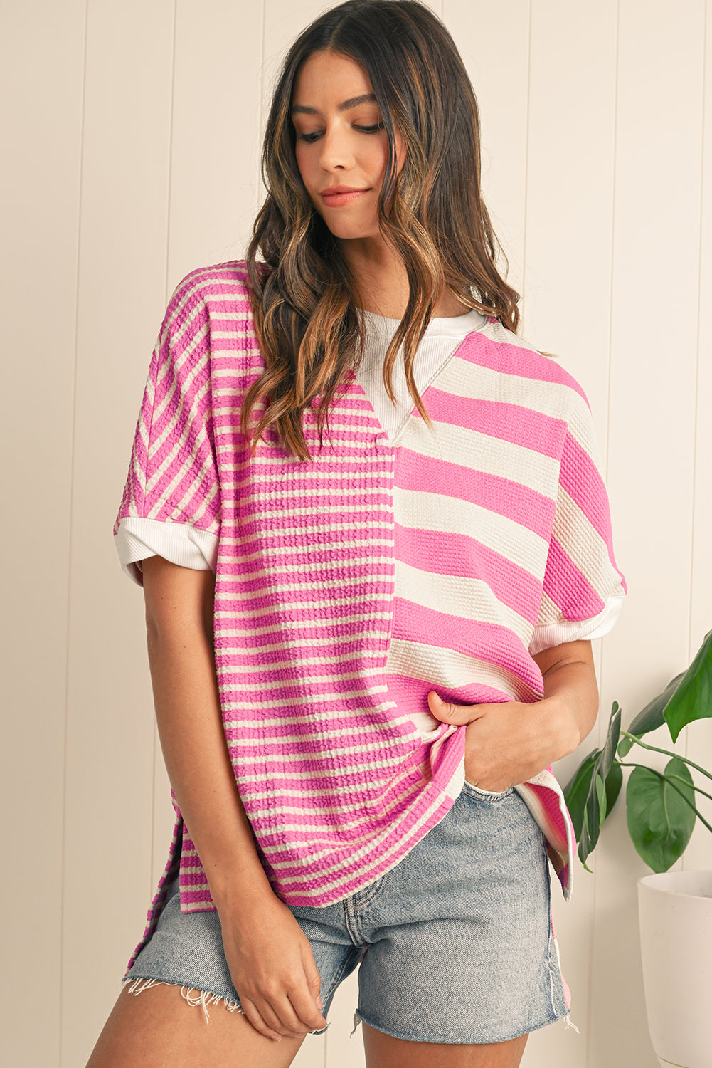 Pink Stripe Waffle Patchwork Short Sleeve High Low Loose T Shirt