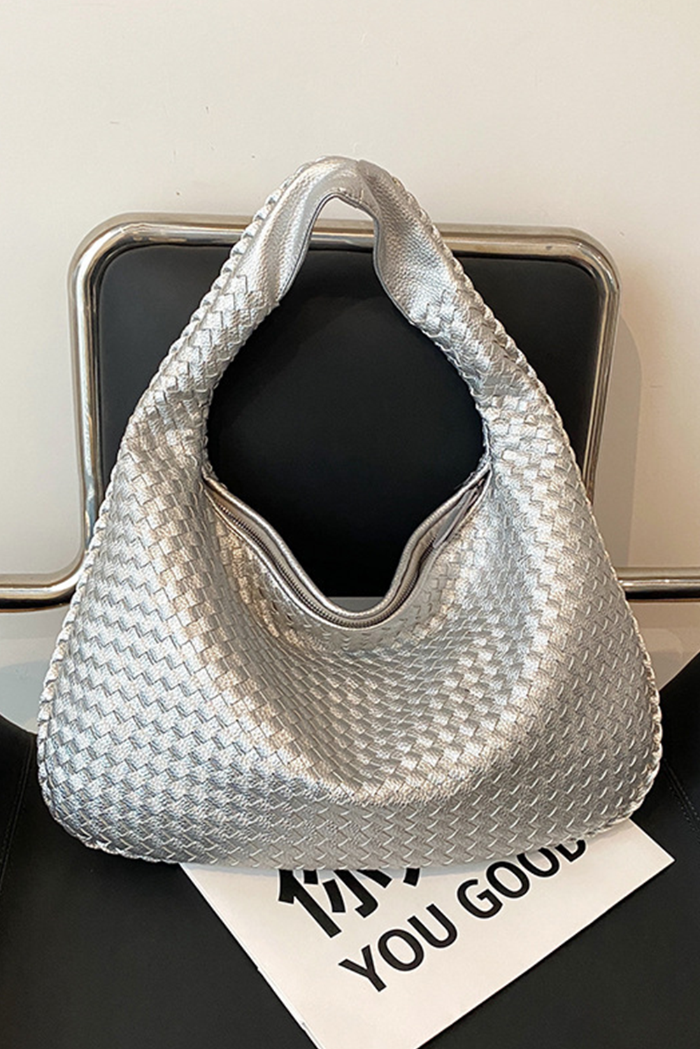 Silvery PU Woven Single Shoulder Bag