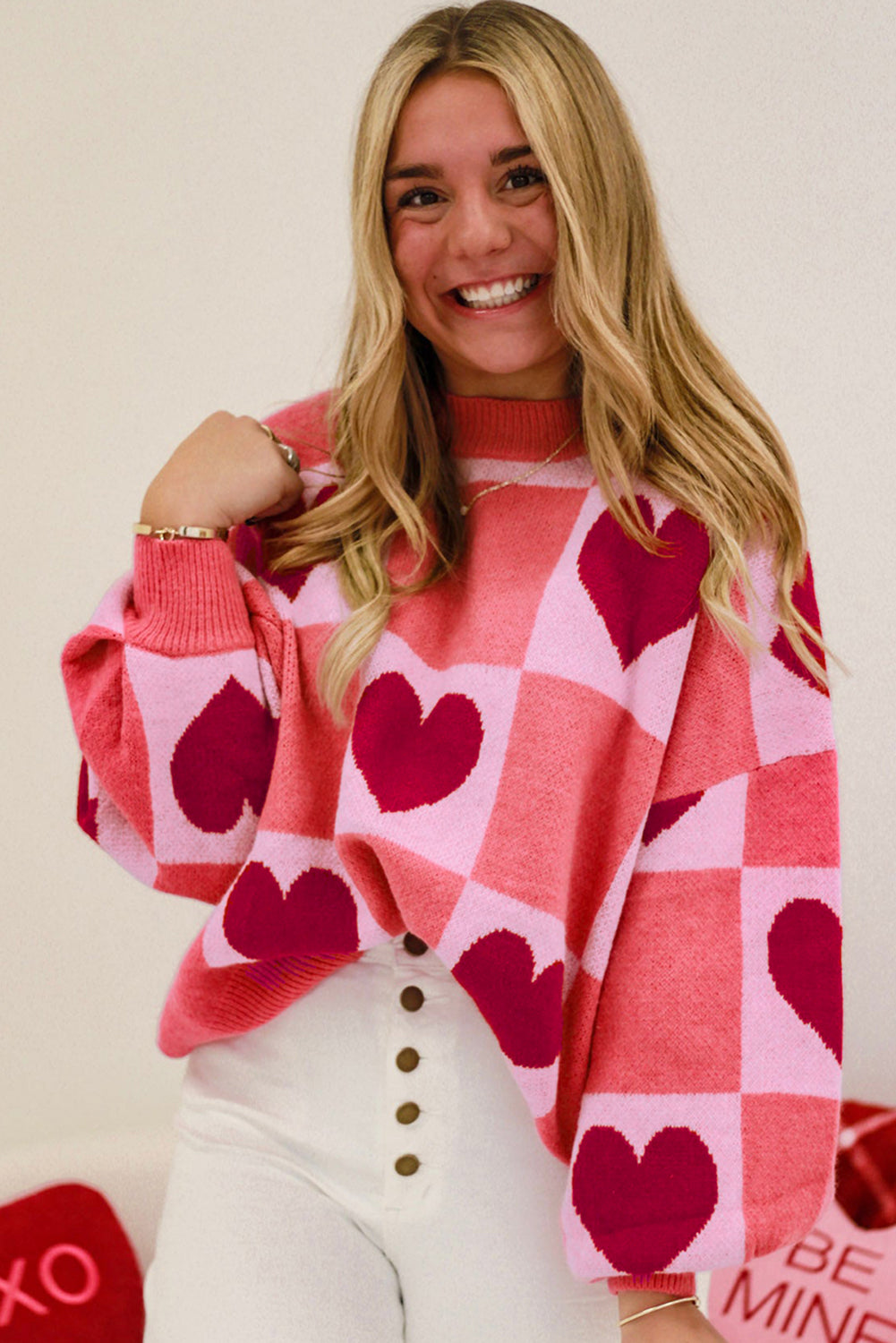 Pink Love Heart Checkered Valentine Knit Sweater