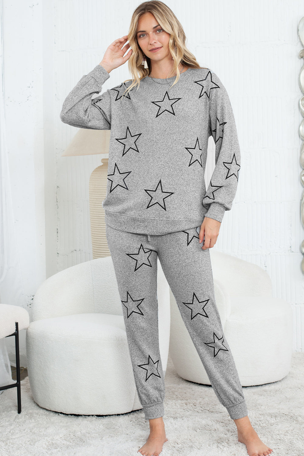 Gray Stars Print Long Sleeve Top and Drawstring Pants Set