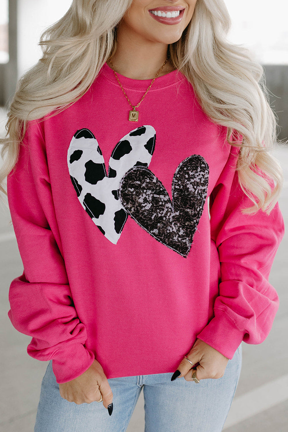 Strawberry Pink Sequins Heart Patch Graphic Sweatshirt