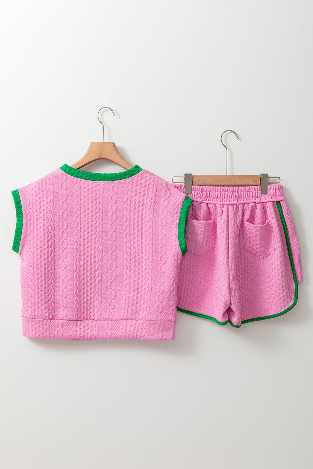 Pink Textured Contrast Trim Tee & Drawstring Shorts Set