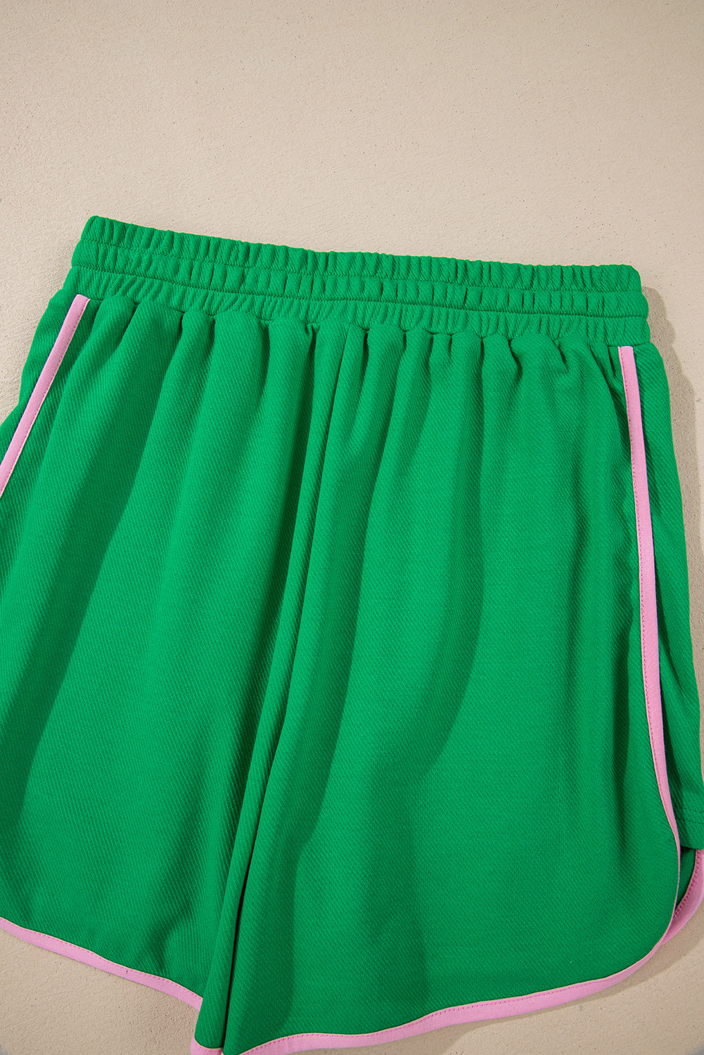 Bright Green Two Tone Contrast Trim Textured Tee and Shorts Set