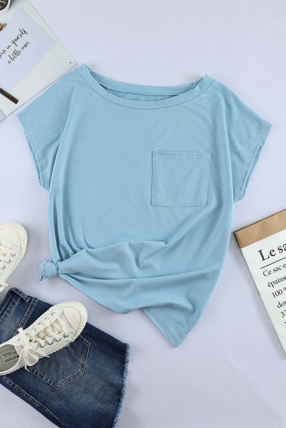 Light Blue Solid Color Short Sleeve Basic T Shirt with Patch Pocket