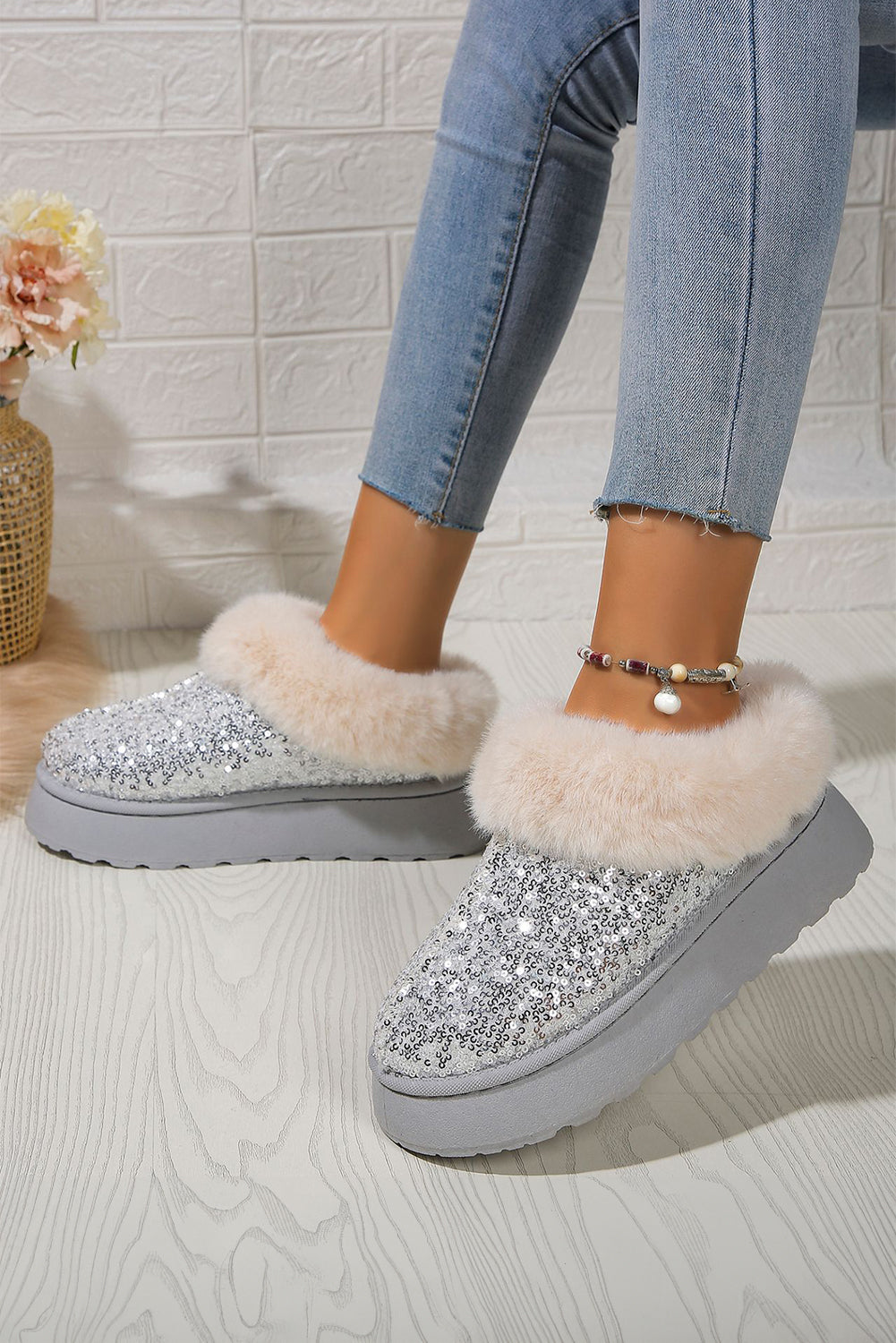 Gold Sequin Plush Lined Thick Sole Snow Boots