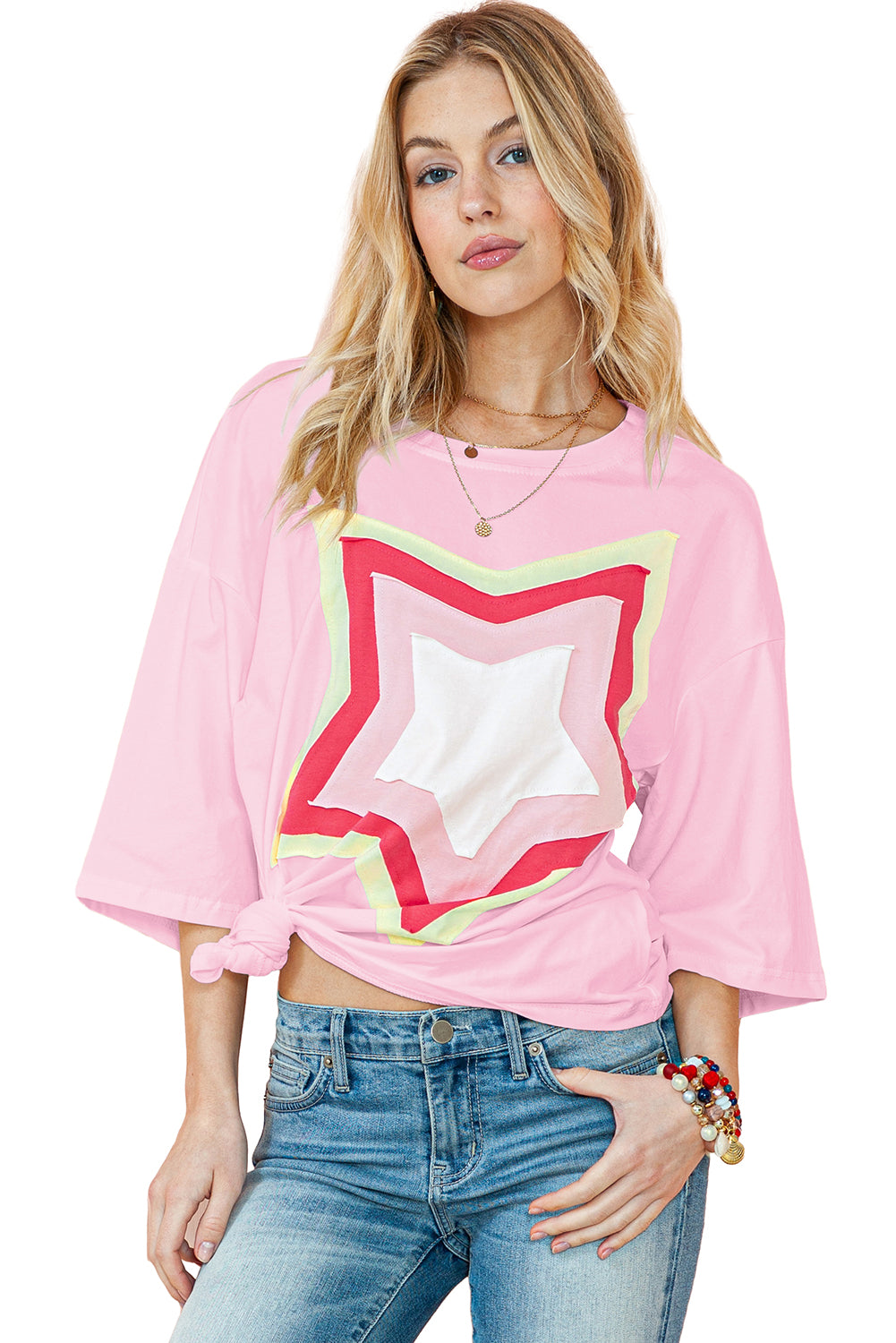 Bonbon Colorblock Star Patched Half Sleeve Oversized Tee