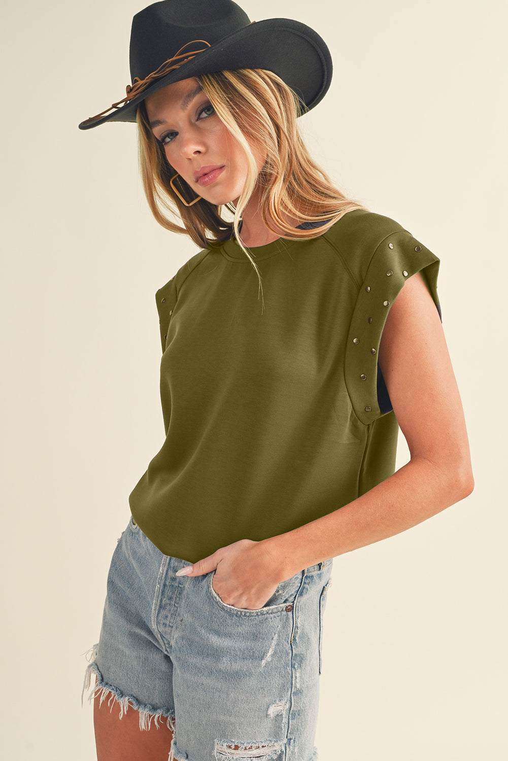 Guacamole Green Casual Rivet Round Neck T Shirt