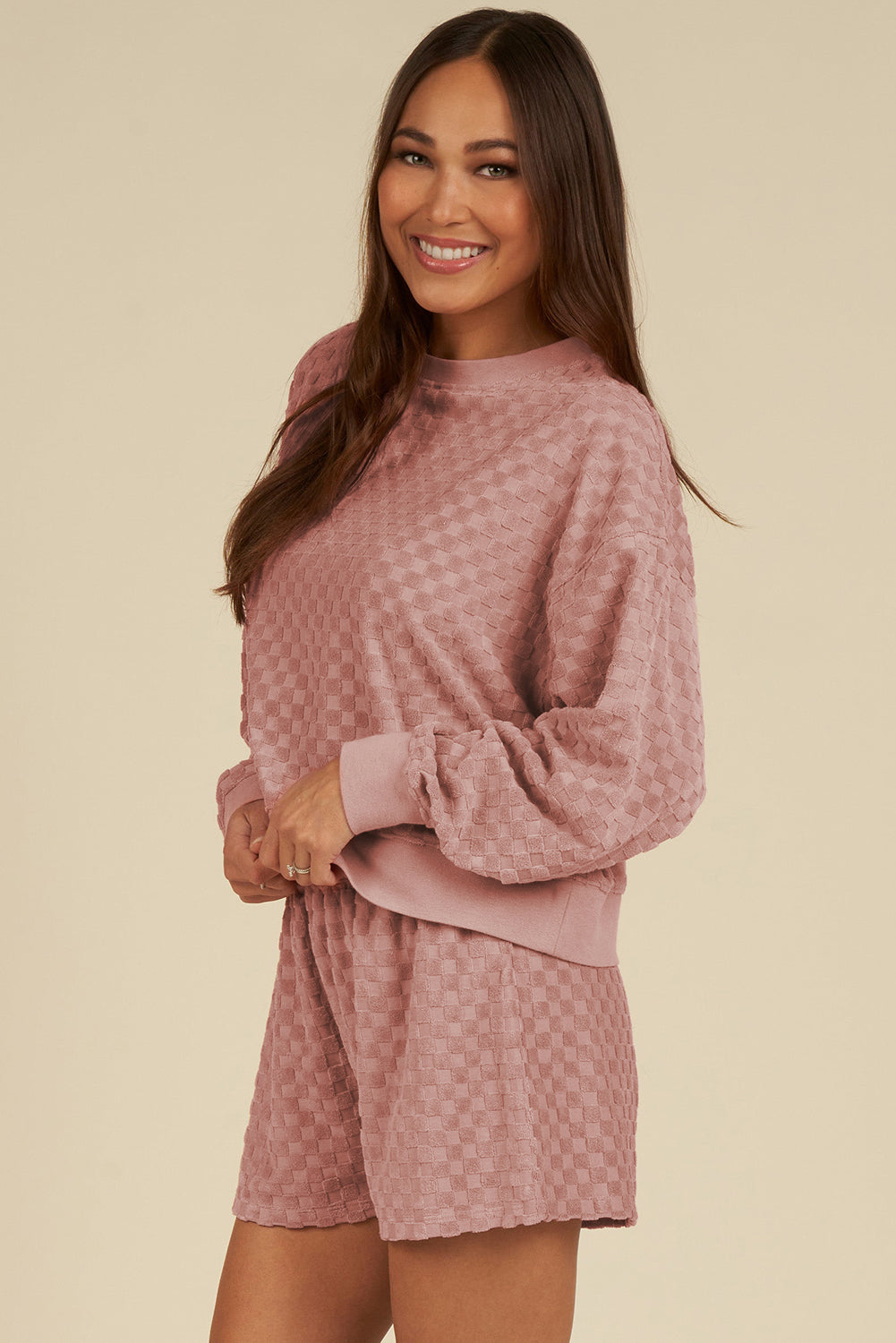 Blossom Checkered Textured Long Sleeve Top and Shorts Set