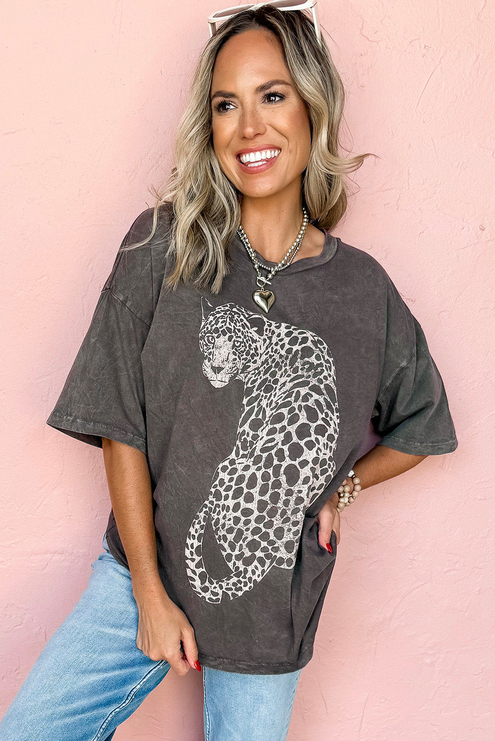 Medium Grey Vintage Cheetah Print Mineral Washed Tee