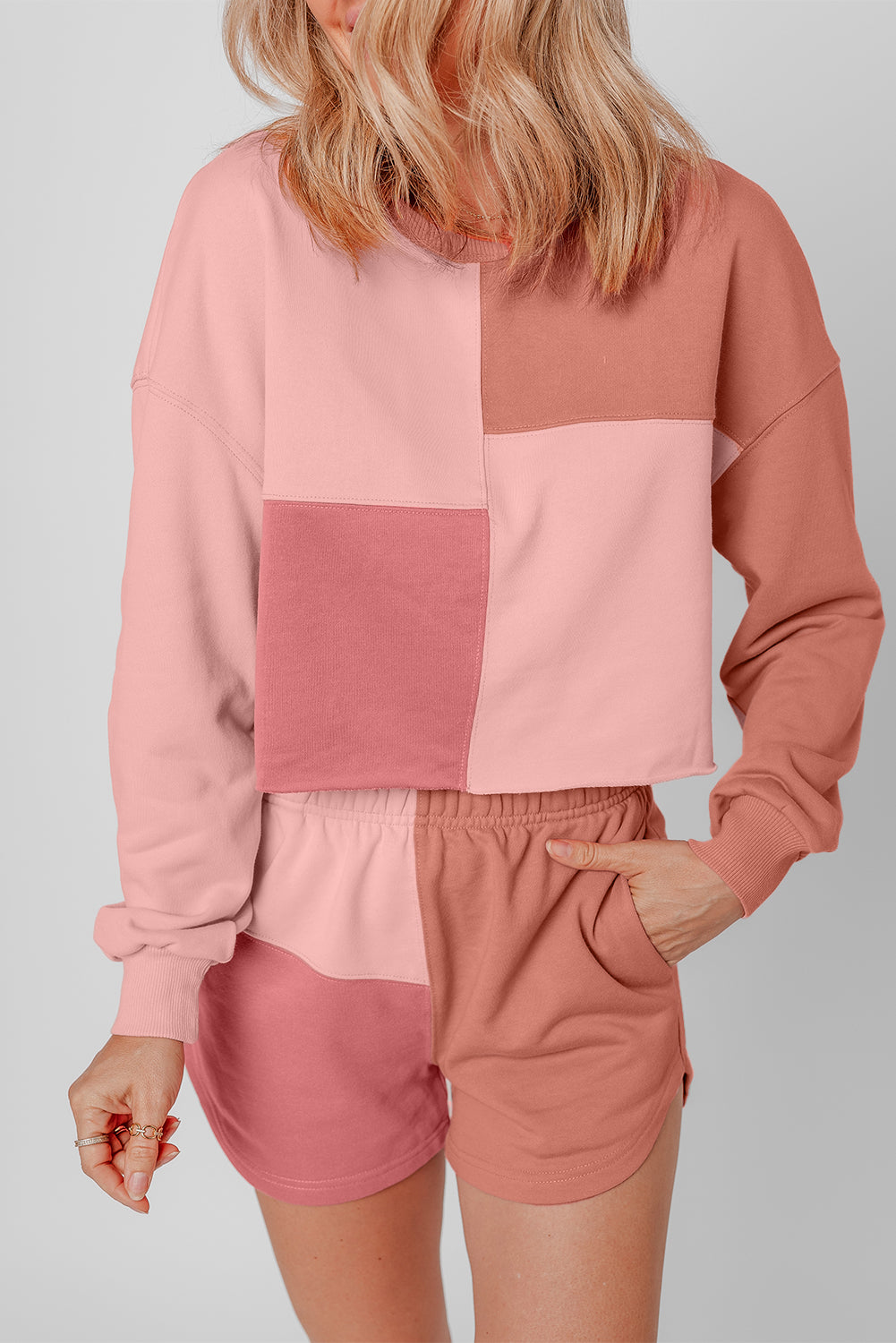 Peach Blossom Colorblock Long Sleeve Top & Pocketed Shorts Set