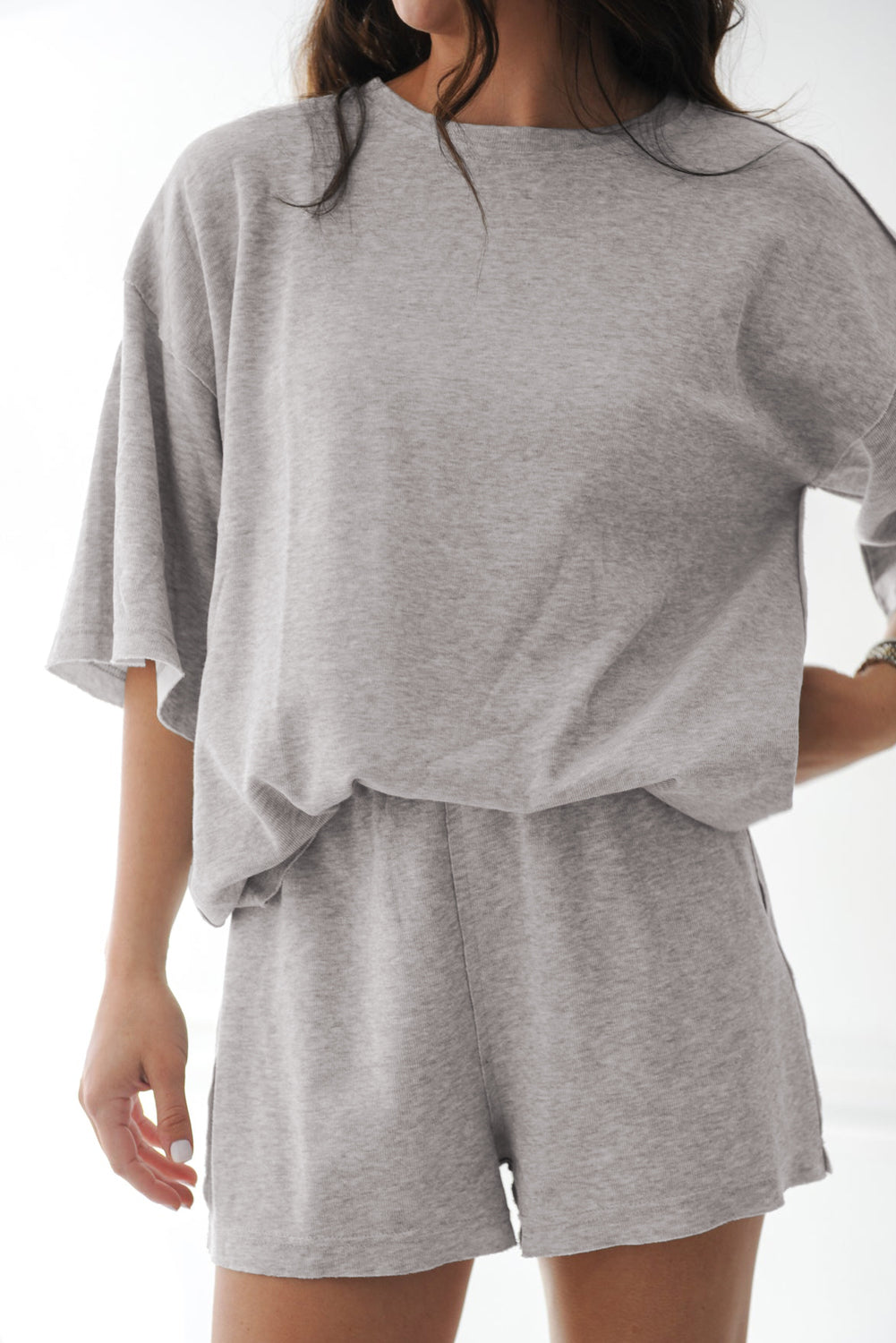 Gray Solid Color Short Sleeve Tee High Waist Shorts Set