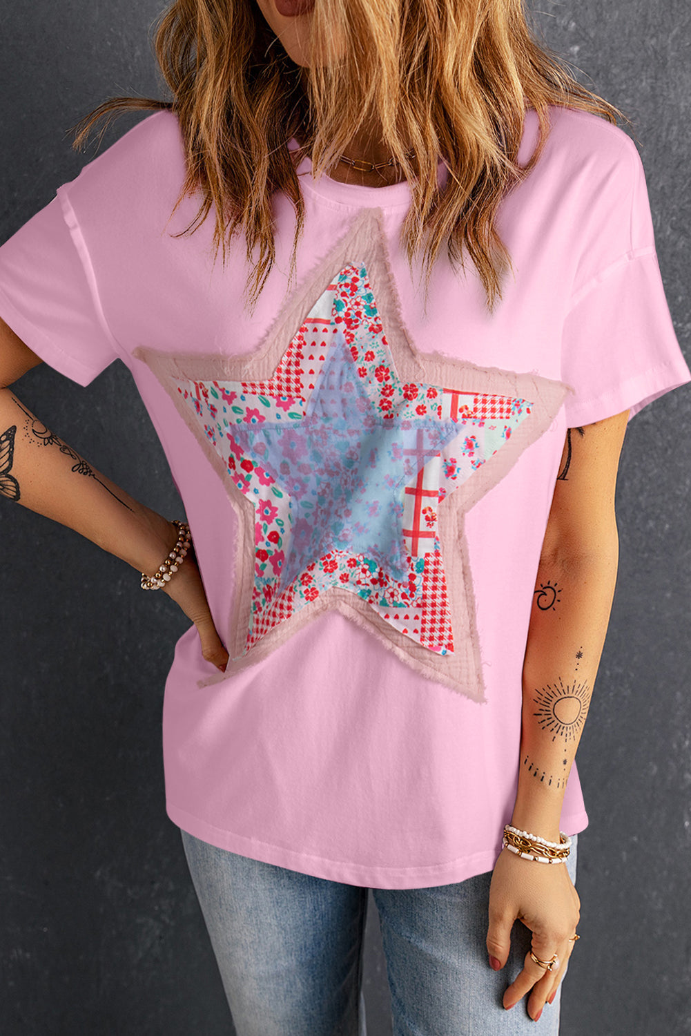 Pink Vibrant Star Patchwork Loose T-shirt