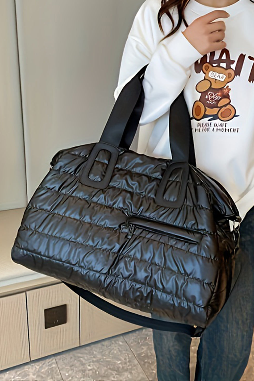 Black Puffy Quilted Tote Bag